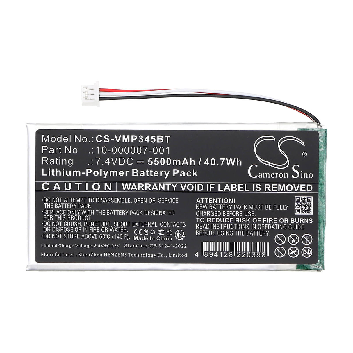 7.4V, Li-Polymer, 5500mAh, Alarm System battery fits Vivint, 10-000007-001, CP01 Control Panel, Sky Master Control Panel, 40.7Wh Alarm System Cameron Sino Technology Limited