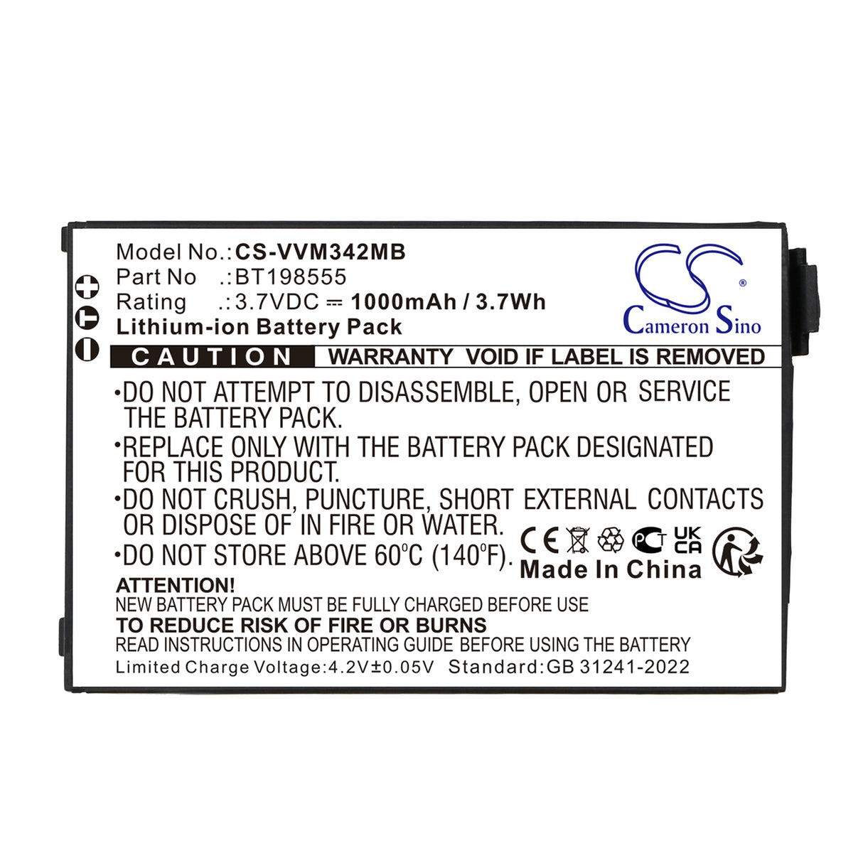 3,7V, Li-ion, 1000mAh, batterie BabyPhone compatible avec Vtech, Bt198555, Vm342, Vm342-2, 3,7Wh BabyPhone Cameron Sino Technology Limited