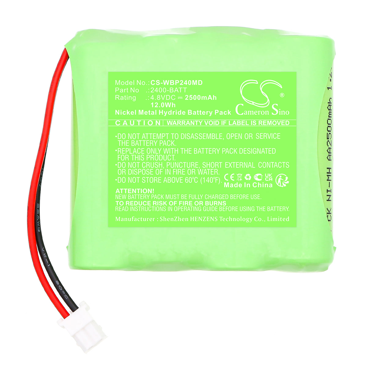4.8V, Ni-MH, 2500mAh, Batterie médicale compatible avec Welch-Allyn, 110969-O, Moniteur de pression artérielle ProBP2400, 12.0Wh Médical Cameron Sino Technology Limited (Médical)