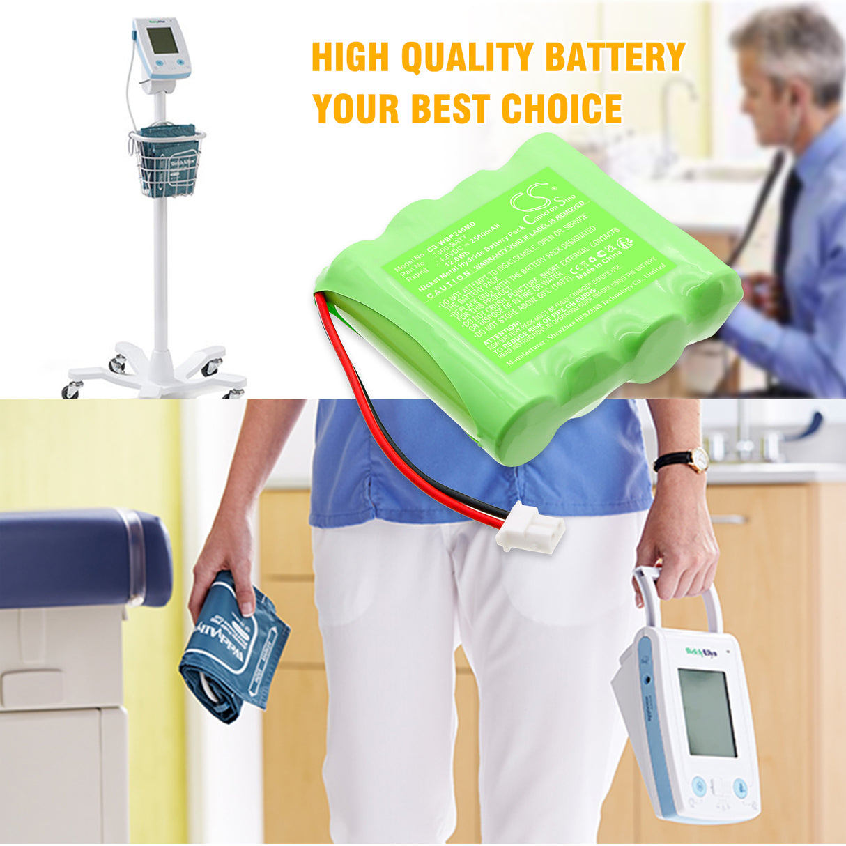 4.8V, Ni-MH, 2500mAh, Batterie médicale compatible avec Welch-Allyn, 110969-O, Moniteur de pression artérielle ProBP2400, 12.0Wh Médical Cameron Sino Technology Limited (Médical)