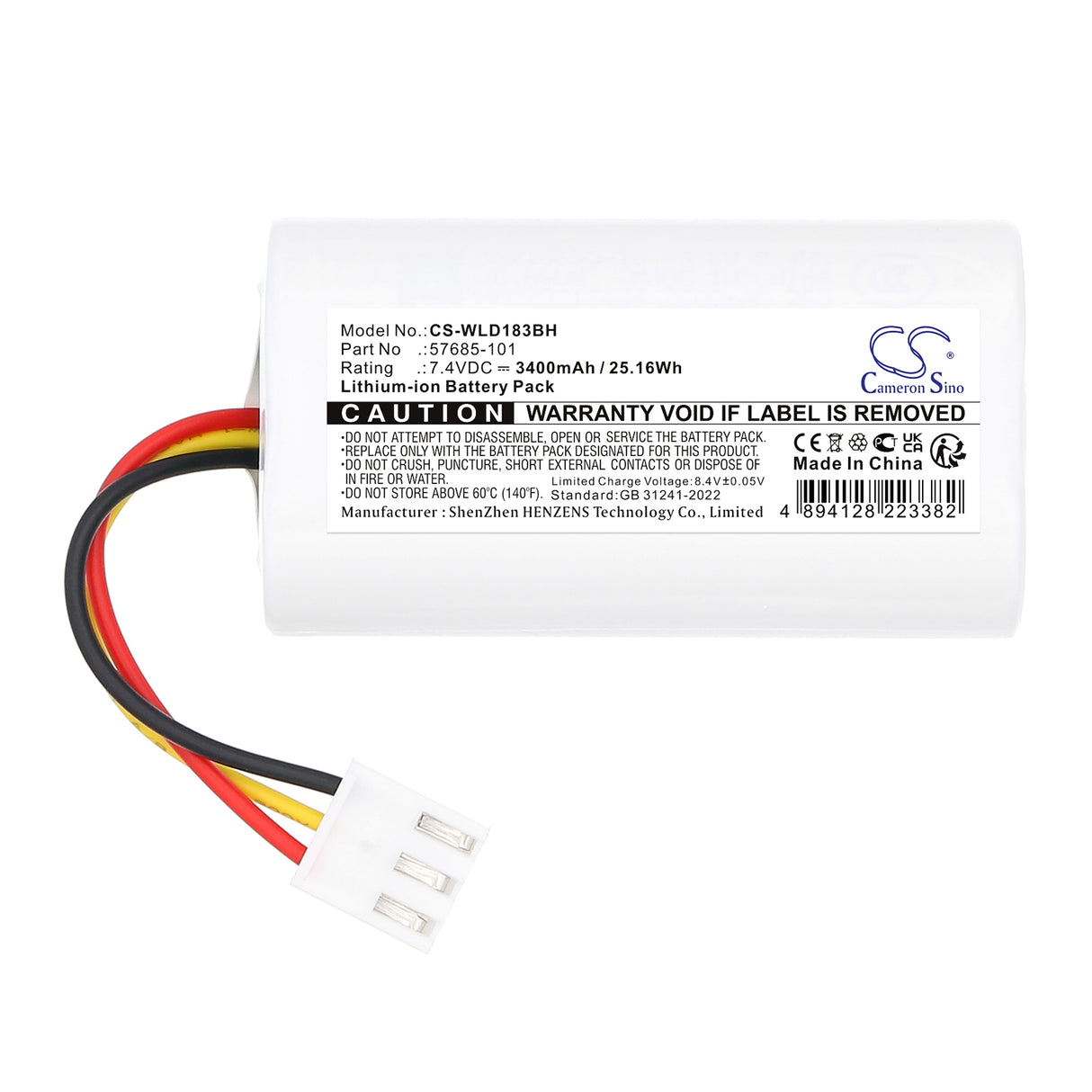 7.4V, Li-ion, 3400mAh, Alarm System battery fits Winland, 57685-101, D-011-0183, EnviroAlert Professional EAPro Gateway, 25.16Wh Alarm System Cameron Sino Technology Limited