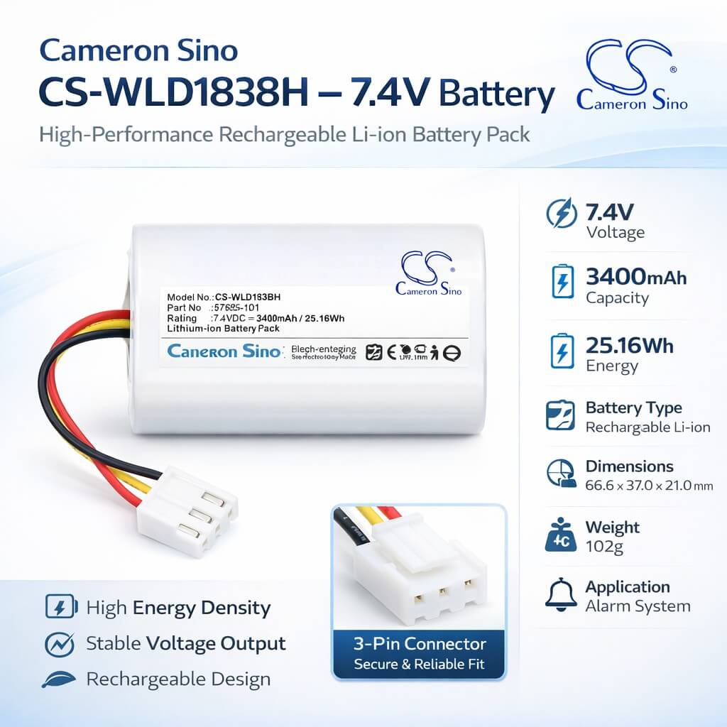 7.4V, Li-ion, 3400mAh, Alarm System battery fits Winland, 57685-101, D-011-0183, EnviroAlert Professional EAPro Gateway, 25.16Wh Alarm System Cameron Sino Technology Limited