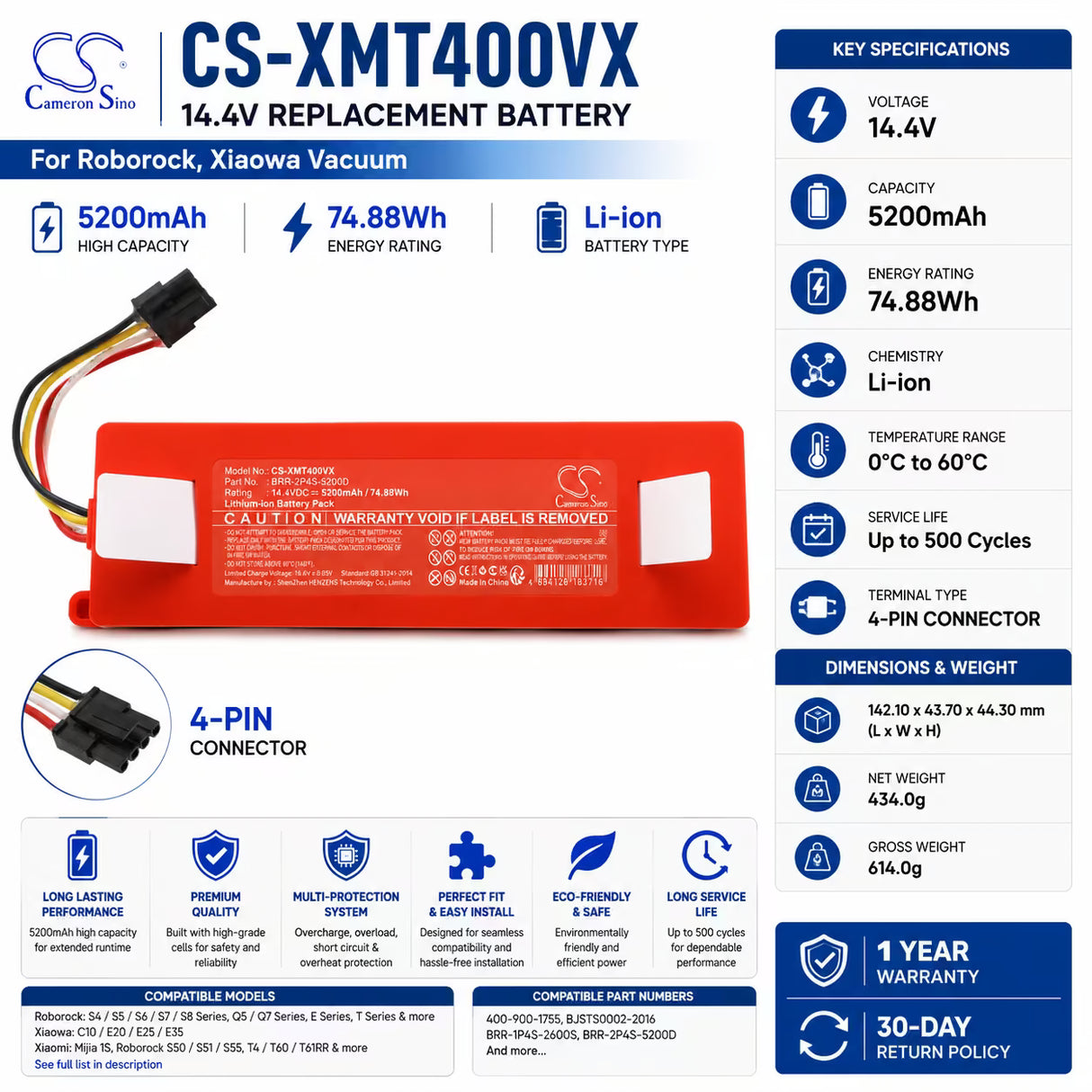 14.4V, Li-ion, 5200mAh, Vacuum battery fits Roborock, Xiaowa, Mc1808, 74.88Wh Vacuum Cameron Sino Technology Limited