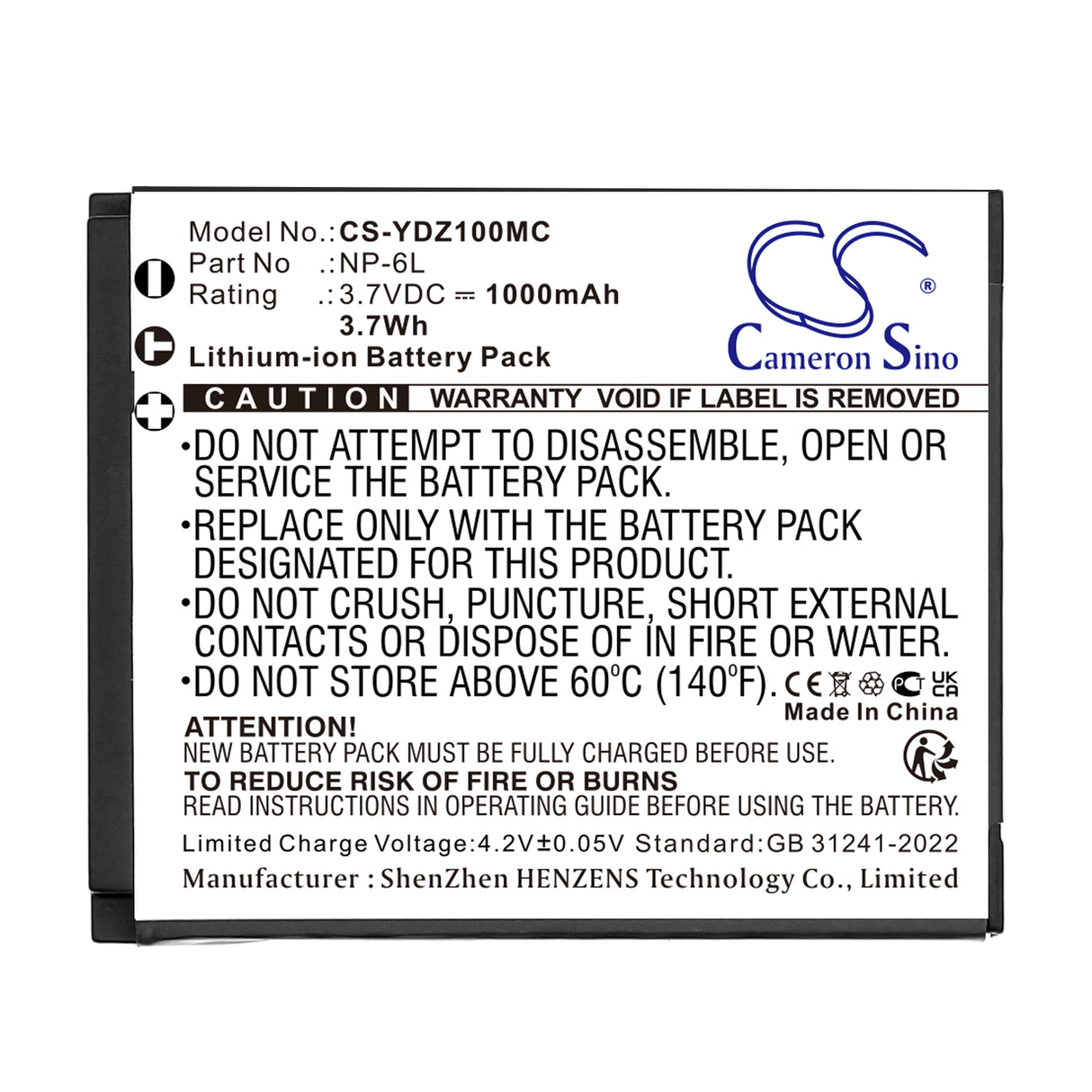 3.7V, Li-ion, 1000mAh, Camera battery fits Generic, NP-6L, FHD 1080P 44MP Digital Camera, 3.7Wh Camera Cameron Sino Technology Limited
