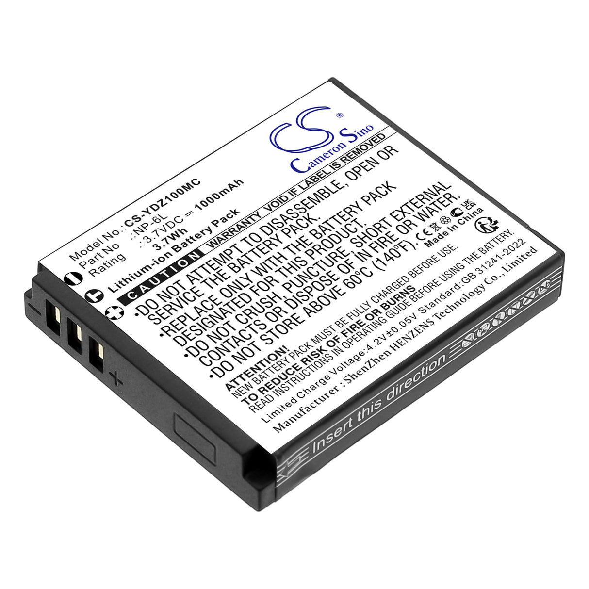 3.7V, Li-ion, 1000mAh, Camera battery fits Generic, NP-6L, FHD 1080P 44MP Digital Camera, 3.7Wh Camera Cameron Sino Technology Limited