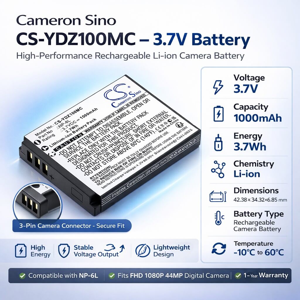3.7V, Li-ion, 1000mAh, Camera battery fits Generic, NP-6L, FHD 1080P 44MP Digital Camera, 3.7Wh Camera Cameron Sino Technology Limited