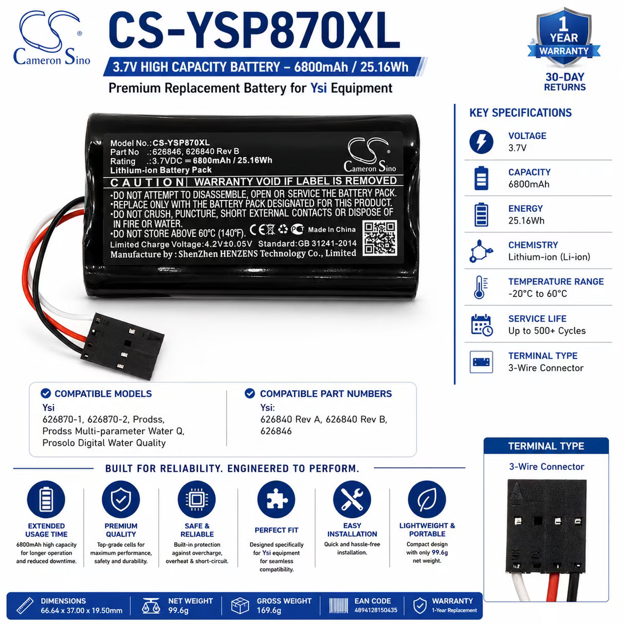3.7V, Li-ion, 6800mAh, Equipment battery fits Ysi, 626840 Rev A, 626870-1, 626870-2, 25.16Wh Equipment, Survey, Test Cameron Sino Technology Limited