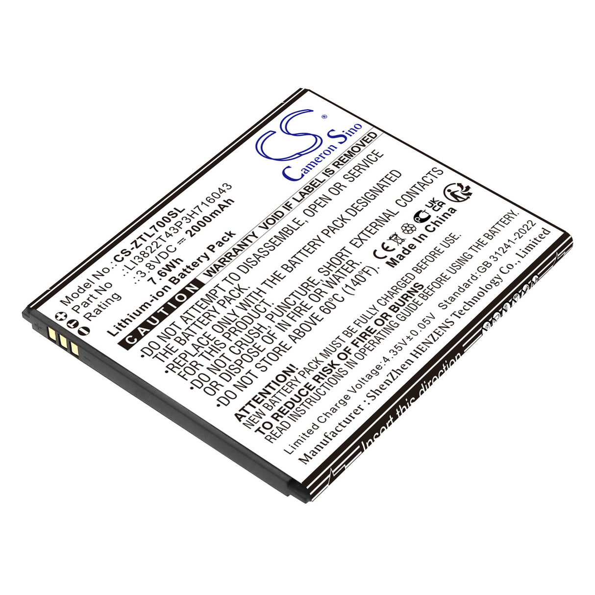 3.8V, Li-ion, 2000mAh, Mobile, SmartPhone battery fits ZTE, LI3822T43P3H716043, Blade A30, Blade A320, 7.6Wh Mobile, SmartPhone Cameron Sino Technology Limited