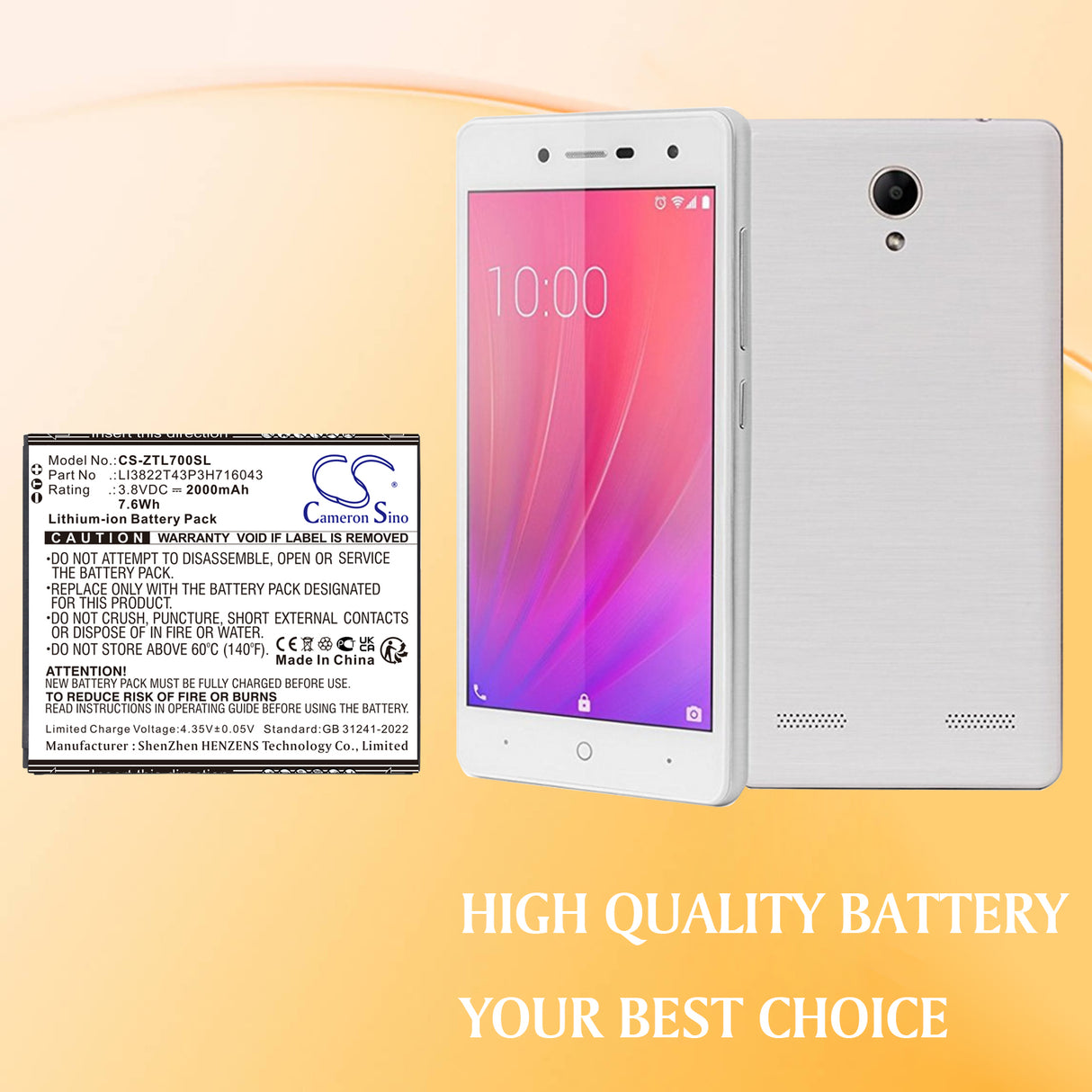 3.8V, Li-ion, 2000mAh, Mobile, SmartPhone battery fits ZTE, LI3822T43P3H716043, Blade A30, Blade A320, 7.6Wh Mobile, SmartPhone Cameron Sino Technology Limited