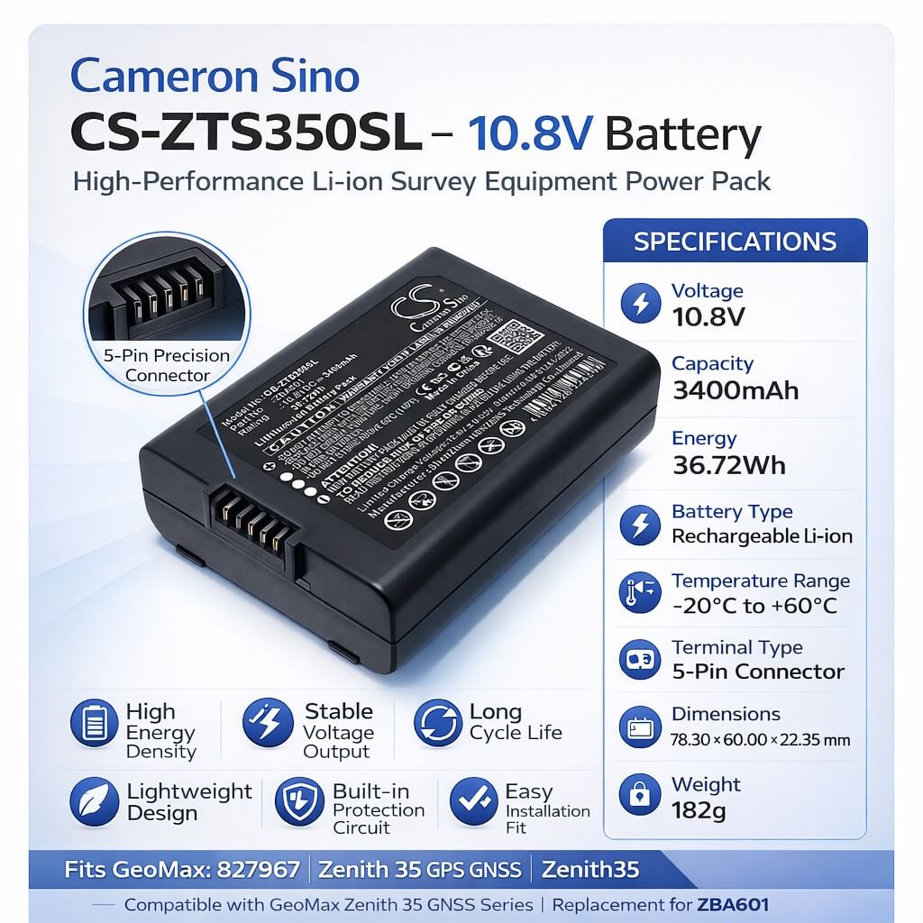 10.8V, Li-ion, 3400mAh, Equipment, Survey, Test battery fits GeoMax, 827967, Zenith 35 GPS GNSS, Zenith35, 36.72Wh Equipment, Survey, Test Cameron Sino Technology Limited