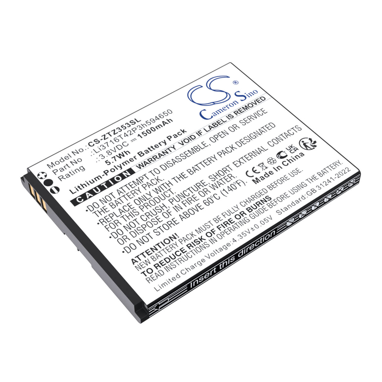 3.8V, Li-Polymer, 1500mAh, Mobile, SmartPhone battery fits Zte, Li3716T42P3h594650, 353VL, 5.7Wh Mobile, SmartPhone Cameron Sino Technology Limited