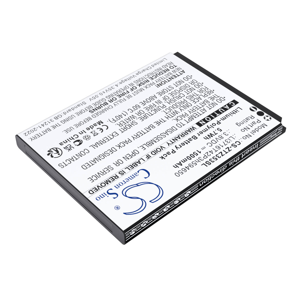 3.8V, Li-Polymer, 1500mAh, Mobile, SmartPhone battery fits Zte, Li3716T42P3h594650, 353VL, 5.7Wh Mobile, SmartPhone Cameron Sino Technology Limited