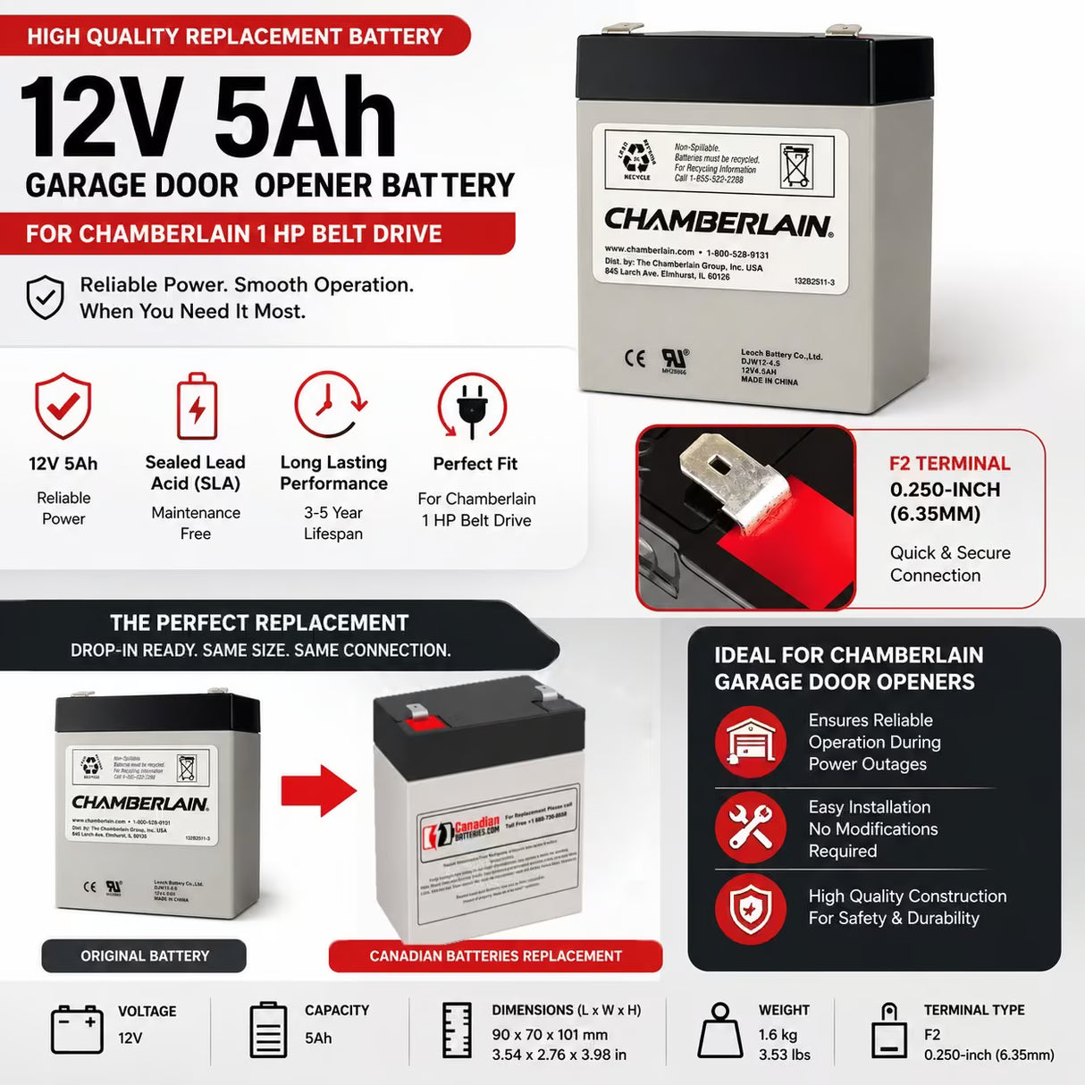 Chamberlain 1 HP Belt Drive 12V 5Ah garage door opener battery Sealed Lead Acid CB Generic F2 Terminal - 0.250-inch (6.35mm)