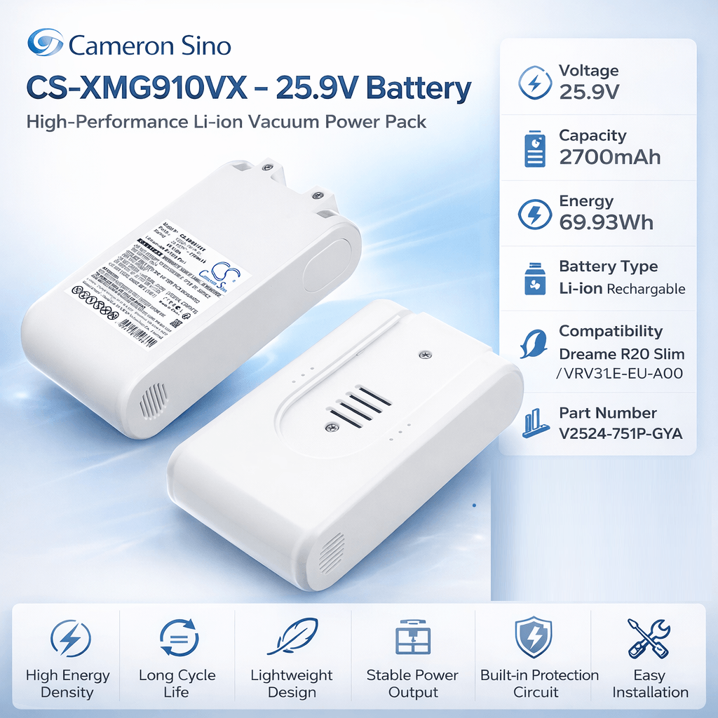 25.9V, Li-ion, 2700mAh, Vacuum battery fits Dreame, V2524-7S1P-GYA, R20 Slim, VRV31E-EU-A00, 69.93Wh Vacuum Cameron Sino Technology Limited