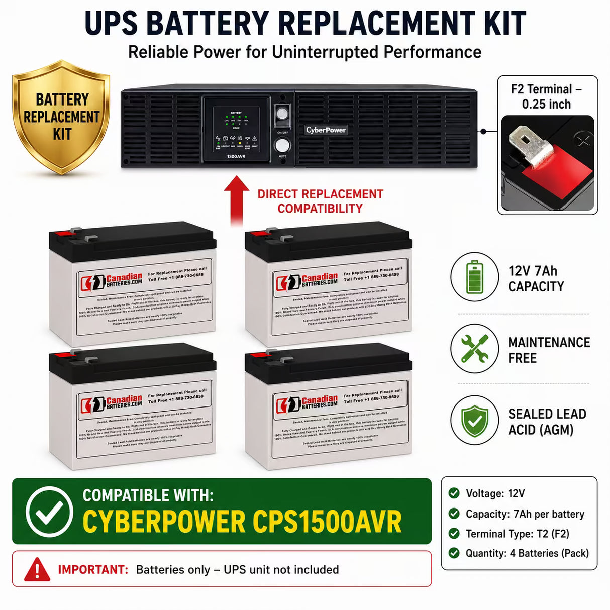 CyberPower CPS1500AVR 12V 7Ah AGM UPS Battery Kit 4 Pack UPS Batteries CB Range Standard Battery (7Ah)
