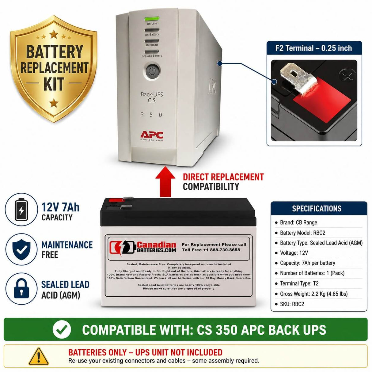 UPS Battery for APC CS 350 Back-UPS – 12V 7Ah AGM Replacement RBC2 UPS Batteries CB Range