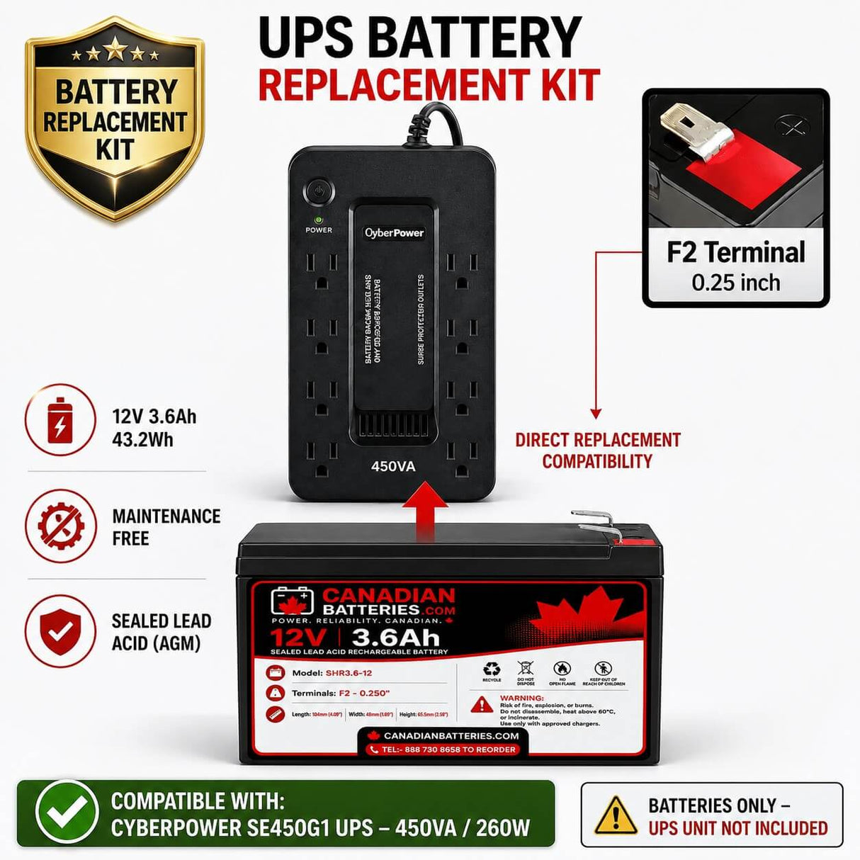 UPS Battery For Cyberpower SE450G1, 450VA / 255 W, 1 X 12v, 3.6ah UPS Batteries CB Range