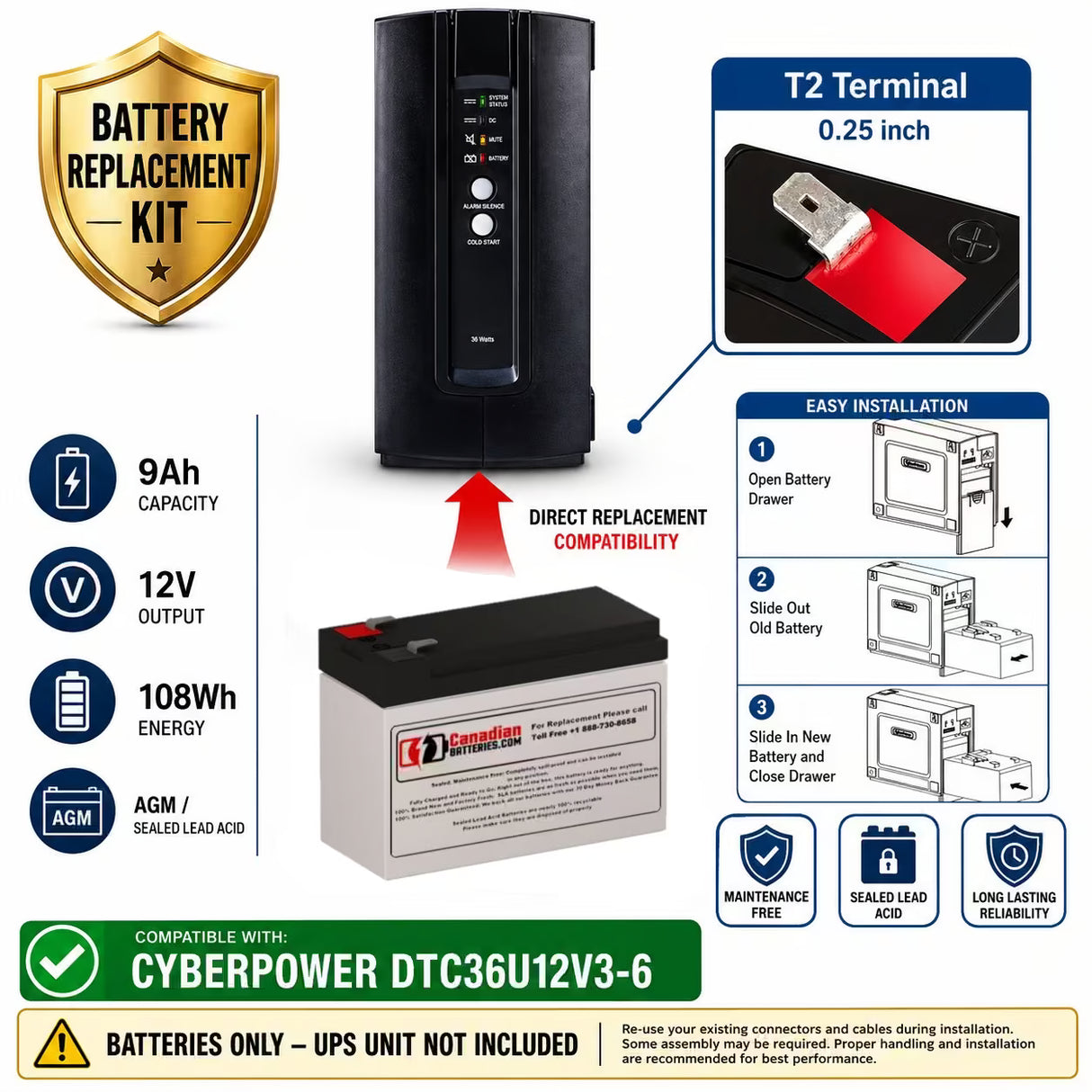 Cyberpower DTC36U12V3-6 UPS Battery Replacement – 12V 9Ah AGM CB129 UPS Batteries CB Range
