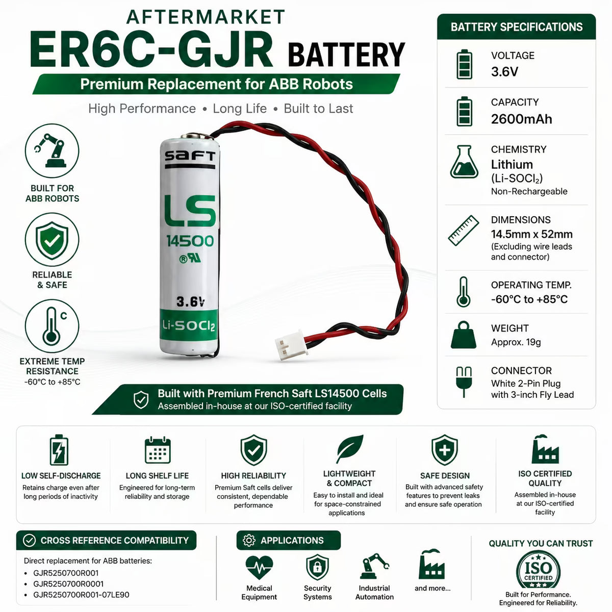 3.6V, 2600mah er6c-gjr li-soci2 , built with Saft LS14500 Saft Batteries Saft Lithium Batteries