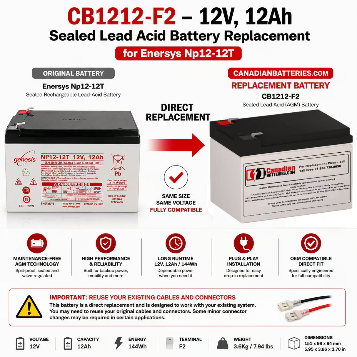 Enersys NP12-12T Replacement Battery 12V 12Ah AGM CB1212-F2