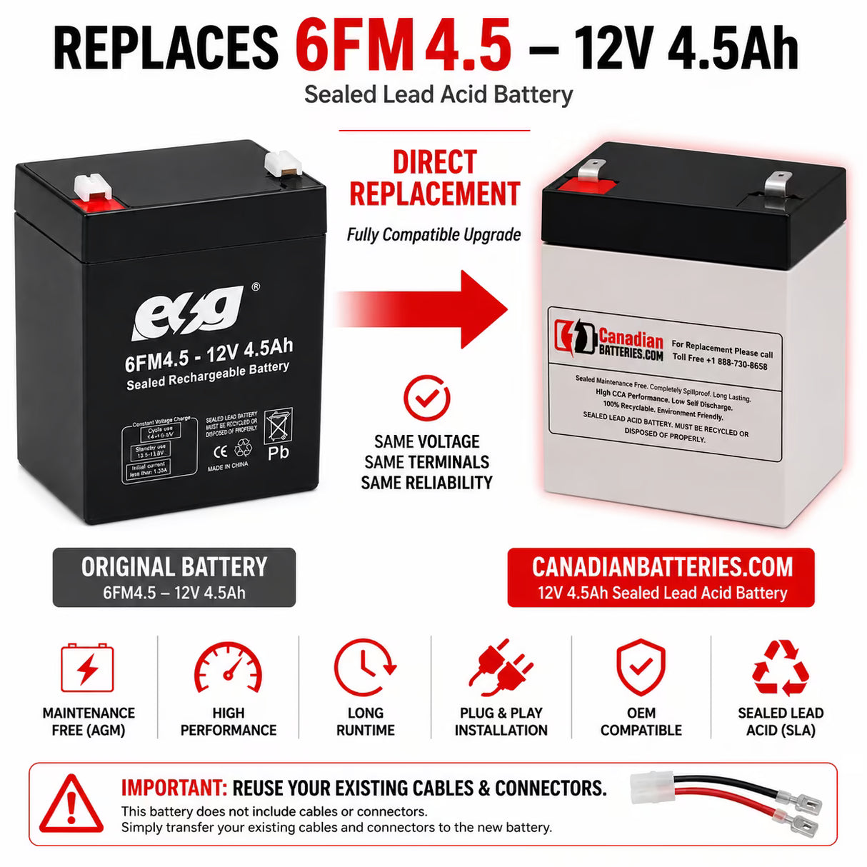 12V, 4.5Ah, replacement battery for Esg 6fm4.5 with F1 terminals Sealed Lead Acid CB Generic
