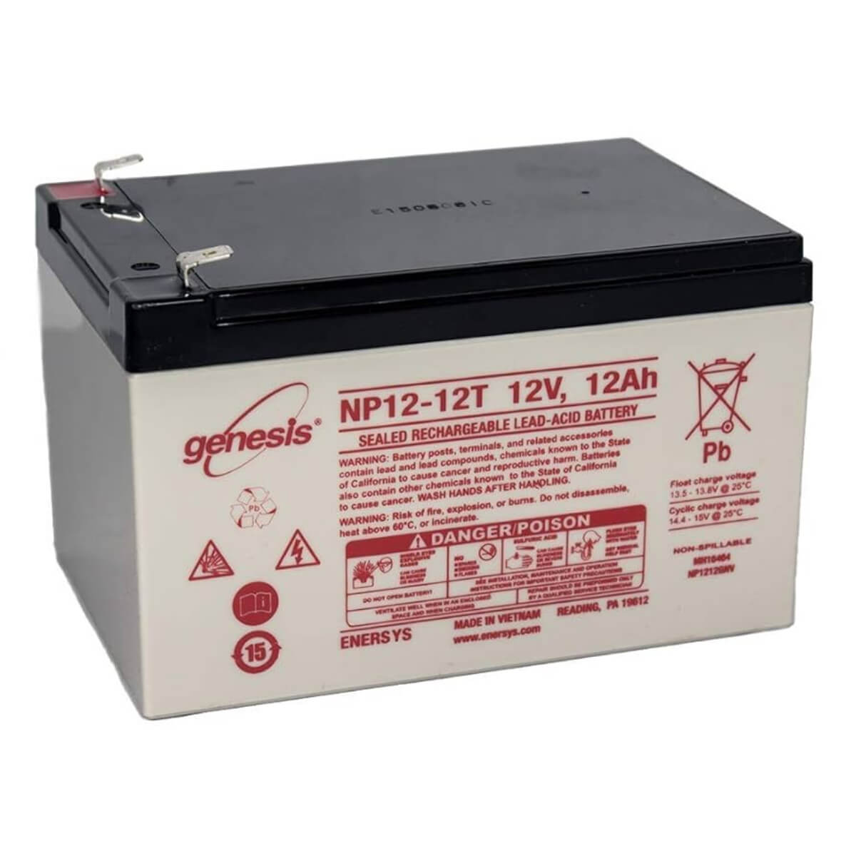 Genesis NP12-12T Battery from Enersys, 12V 12Ah, F2 terminal Sealed Lead Acid (Special) Enersys