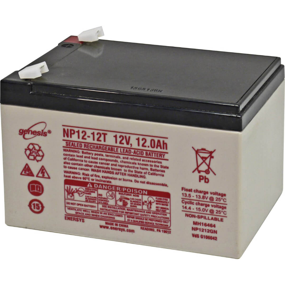 Genesis NP12-12T Battery from Enersys, 12V 12Ah, F2 terminal Sealed Lead Acid (Special) Enersys