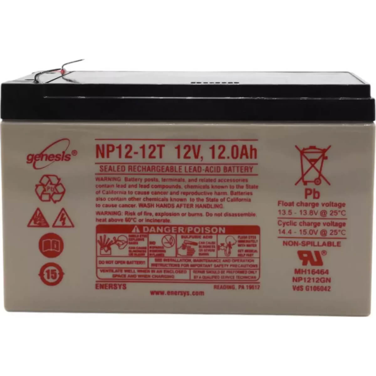 Genesis NP12-12T Battery from Enersys, 12V 12Ah, F2 terminal Sealed Lead Acid (Special) Enersys