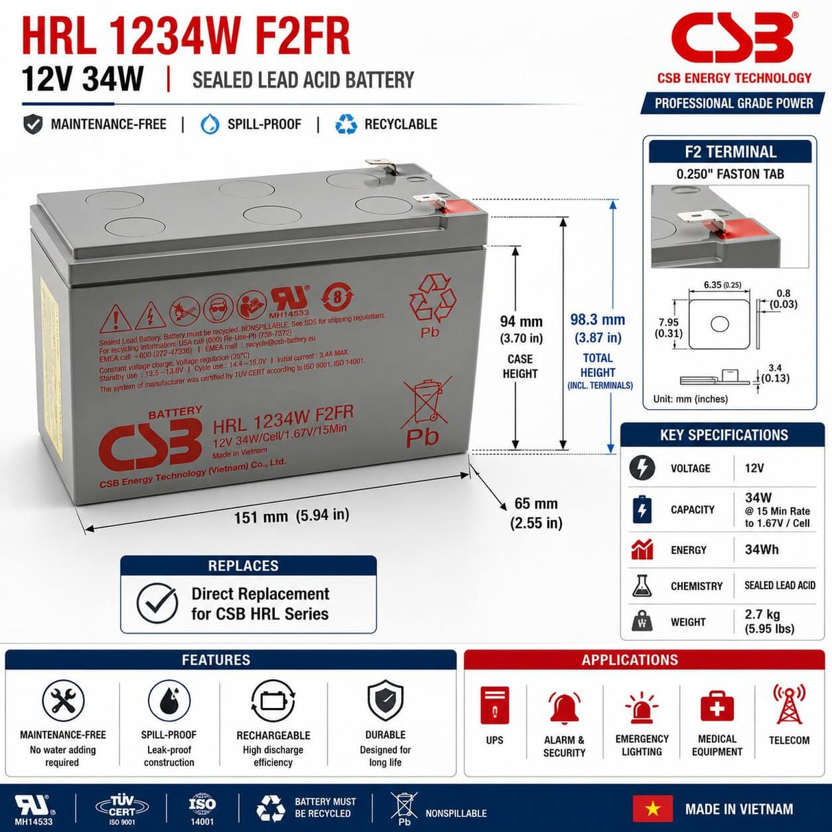 CSB HRL1234WF2FR Battery 12V 9Ah Long Life Flame Retardant AGM SLA Battery
