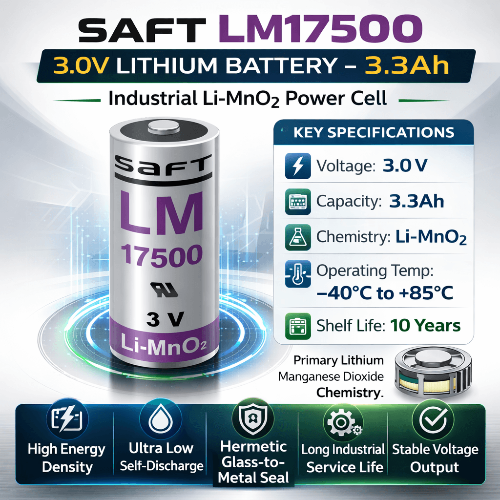 Saft LM17500 A Size 3V Lithium Cylindrical Battery Cell, Intrinsically Safe Design Saft Batteries Saft Lithium Batteries