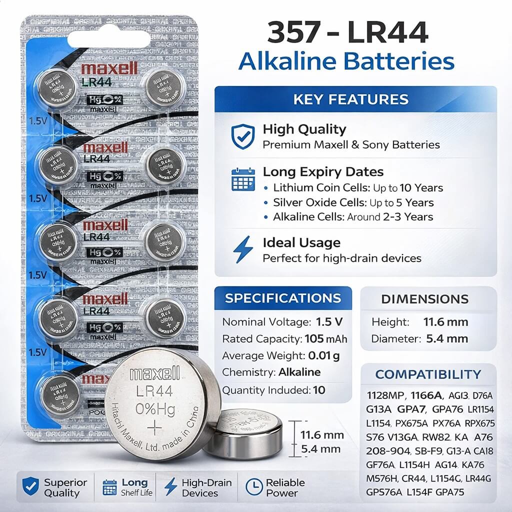 357 - Lr44 1.5 Volt Alkaline Battery Replacement (Card of 10) Coin Cell Batteries Maxell