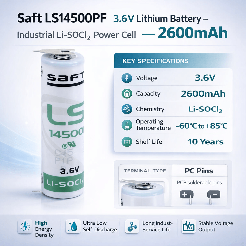 Saft Batteries Ls14500 Aa 3.6v 2600mah Lithium Battery With Pc Pins On Positive & Negative Terminals Saft Batteries Saft Lithium Batteries