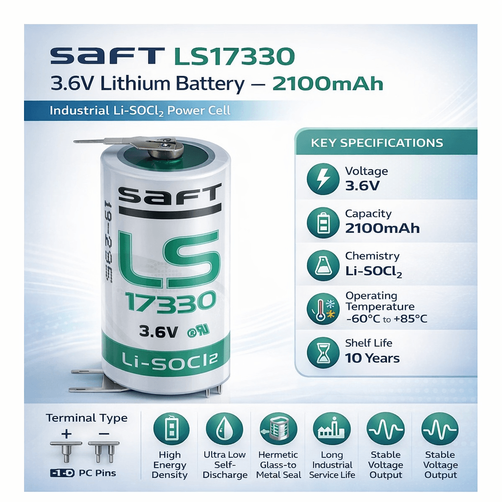 Saft Ls17330 2/3 A 3.6v 2100mah Lithium Battery With Pc Pins - Single Positive & Dual Negative Terminals Saft Batteries Saft Lithium Batteries