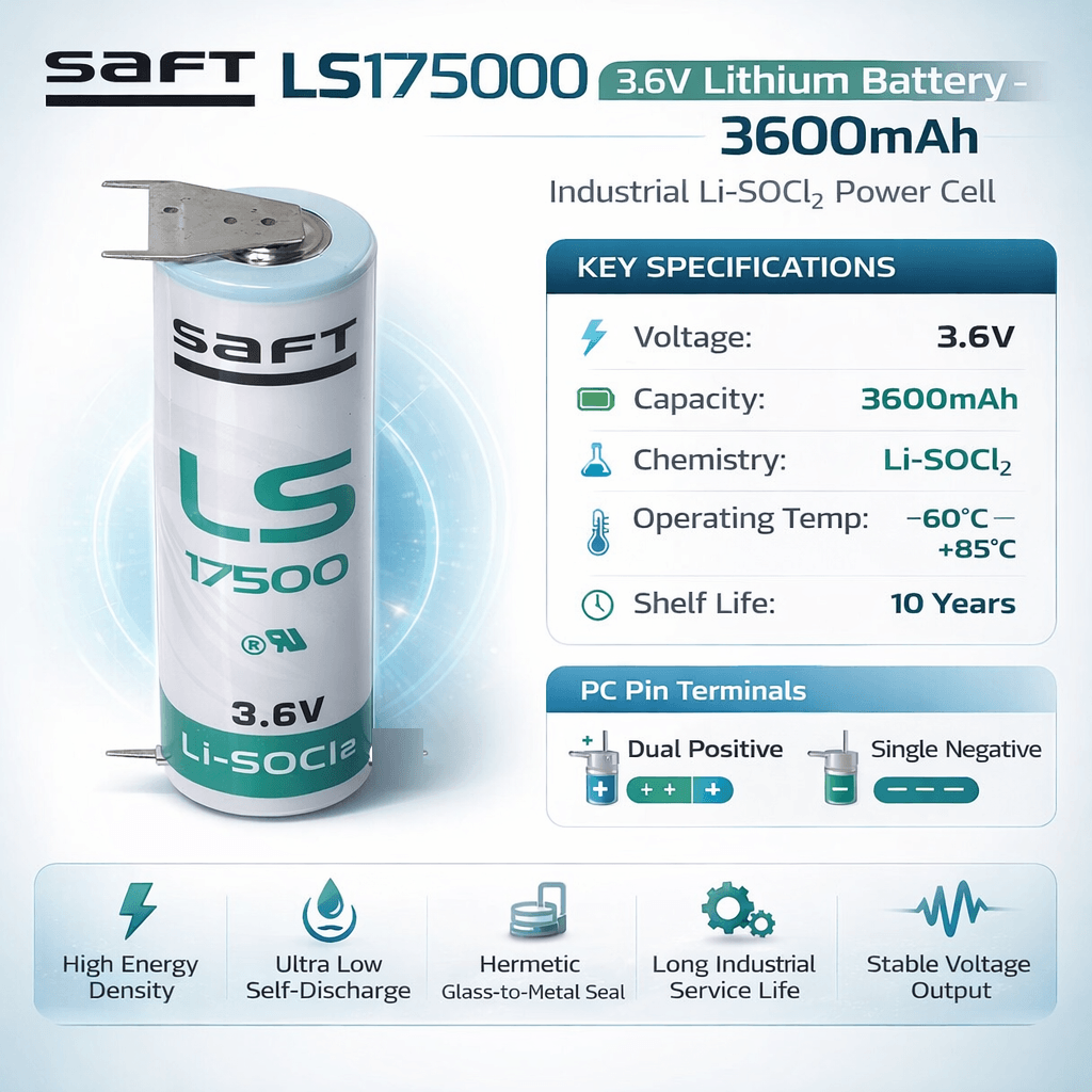 Saft Ls17500, A Size Battery 3.6v, 3600mah With Pc Pins Dual Positive Terminal & Single Negative Terminal Saft Batteries Saft Lithium Batteries