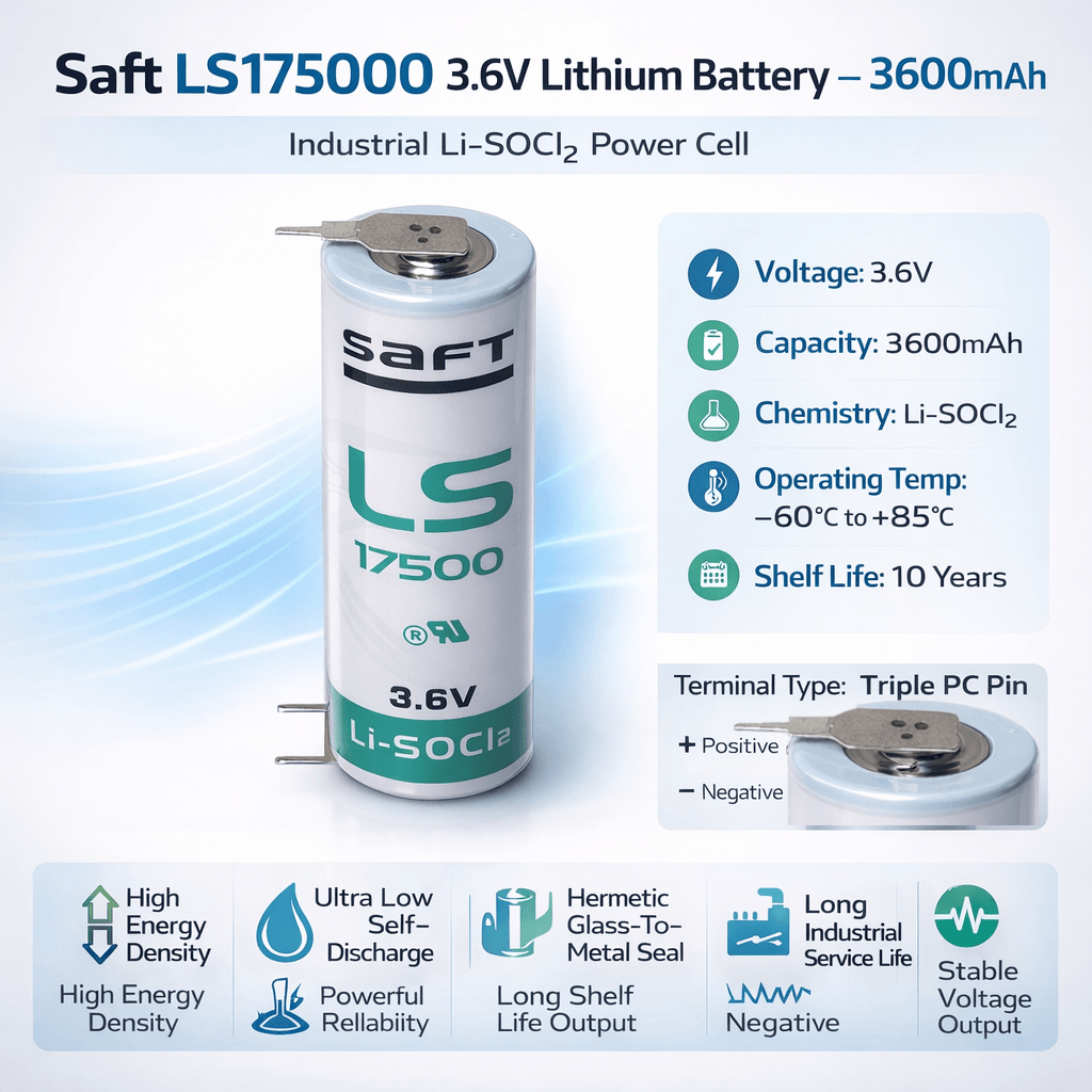 Saft Ls17500 A-size 3.6v 3600mah Battery With Triple Pc Pins, 1 Positive & 2 Negative Saft Batteries Saft Lithium Batteries