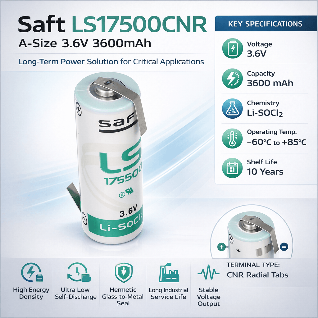 Opposite-tabbed Saft Ls17500 A Size 3.6v 3600mah Battery Saft Batteries Saft Lithium Batteries