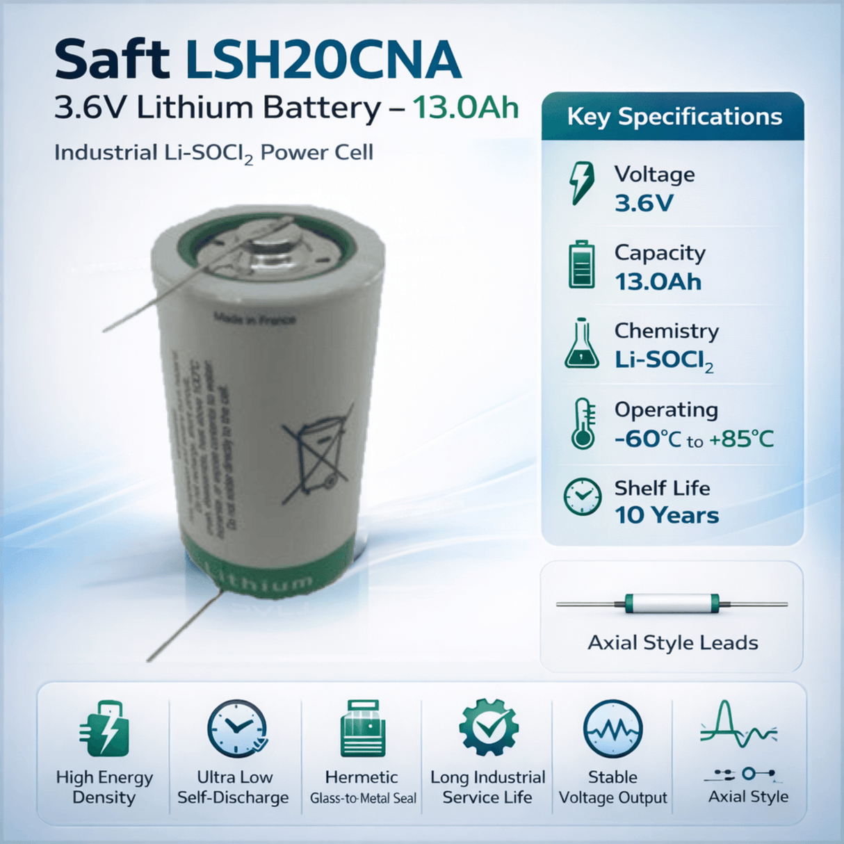 Saft Lsh20,d Size Battery 3.6v, 13000mah With Axial Style Leads Saft Batteries Saft Lithium Batteries