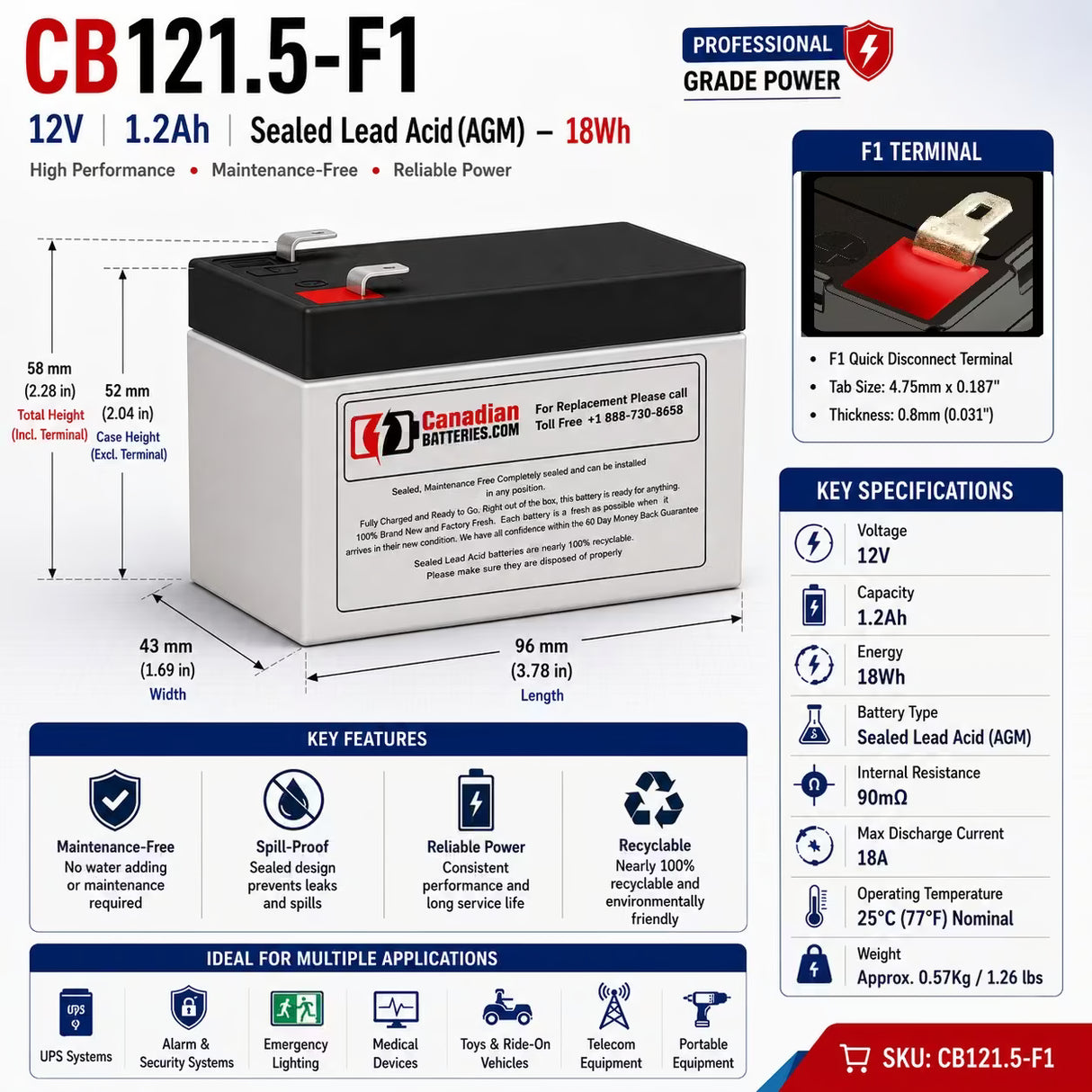 12V, 1.2Ah, replacement battery for Leoch Lp12-1.2 with F1 terminals Sealed Lead Acid CB Generic
