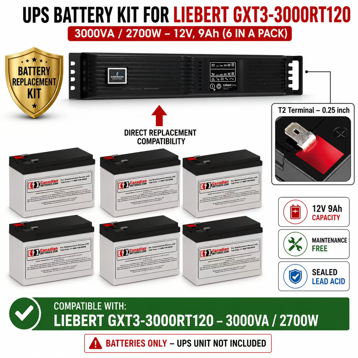 Liebert GXT3-3000RT120 UPS Battery Kit 12V 9Ah 6-Pack UPS Batteries CB Range