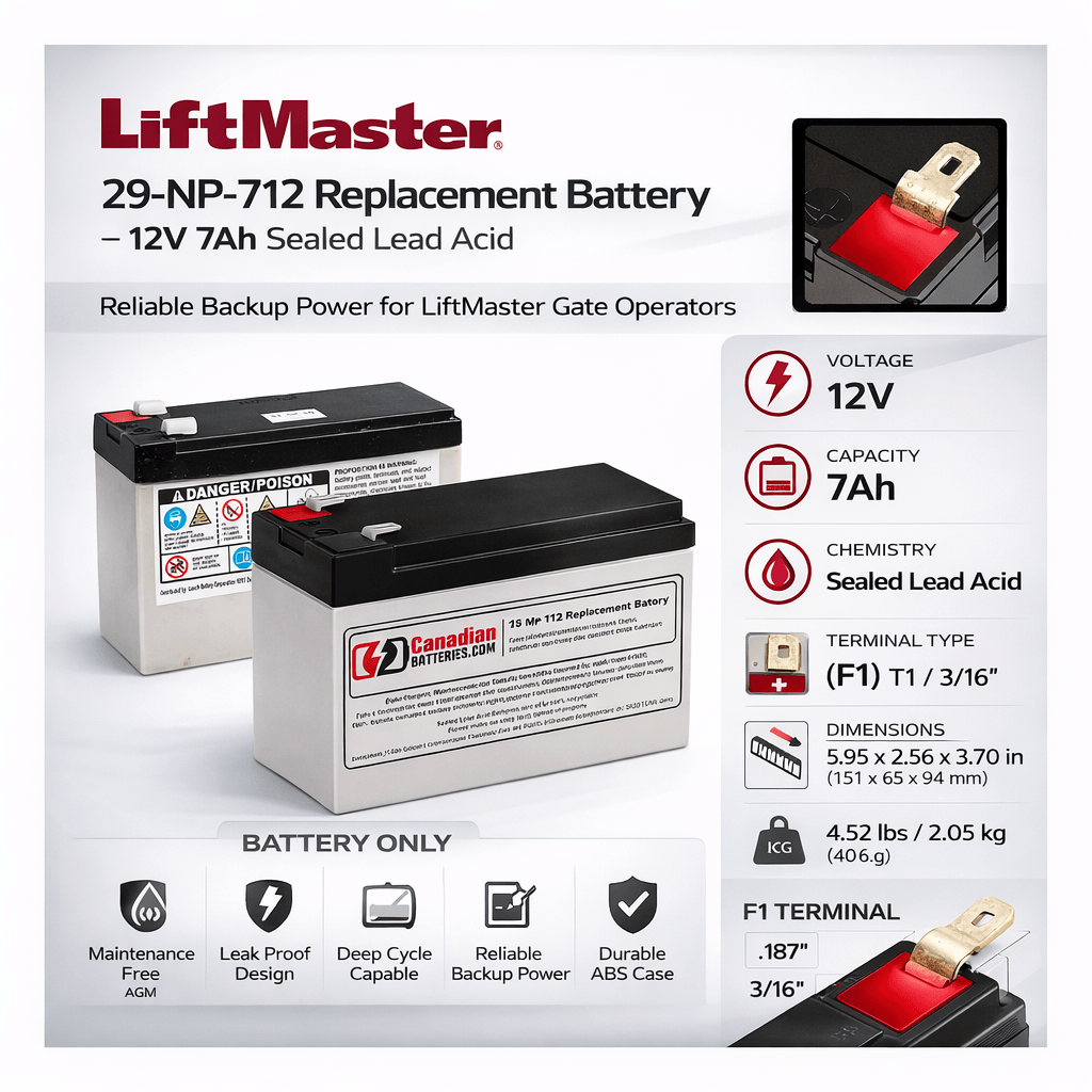 Liftmaster 12v 7ah, 29-NP712 Replacement LA400 gate opener battery Sealed Lead Acid CB Generic