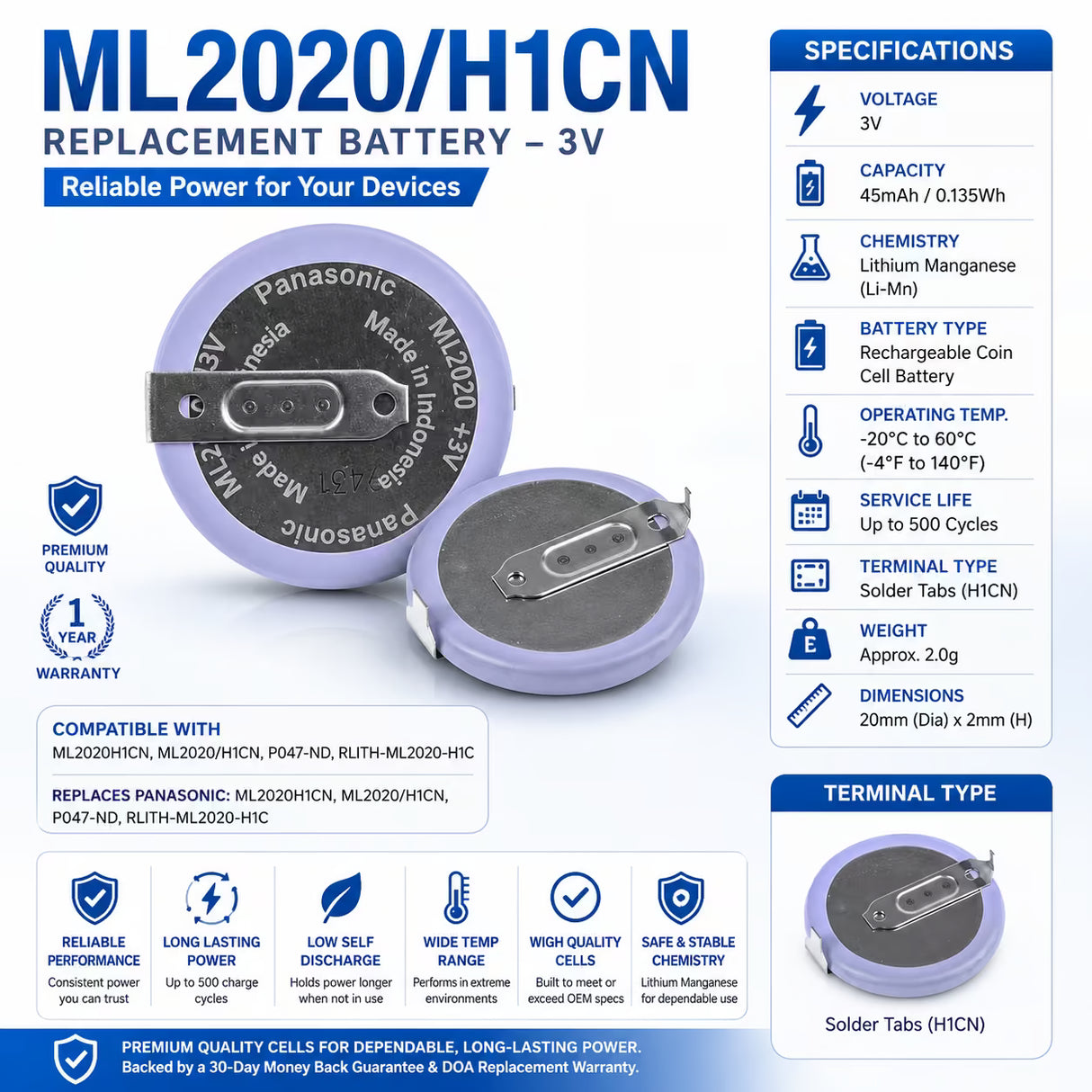 ML2020/H1CN 3V Rechargeable Lithium Coin Cell Battery Coin Cell Batteries Panasonic