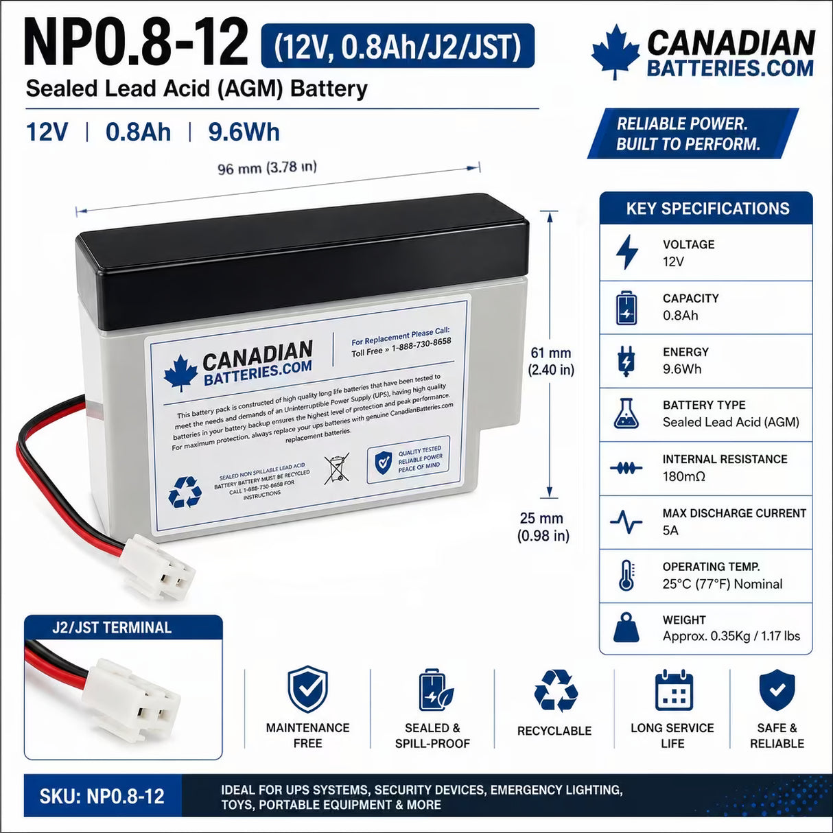 12V, 0.8Ah, battery for AlarmForce Home Alarm Compatible, with J2/JST terminals Sealed Lead Acid (Special) CB Generic
