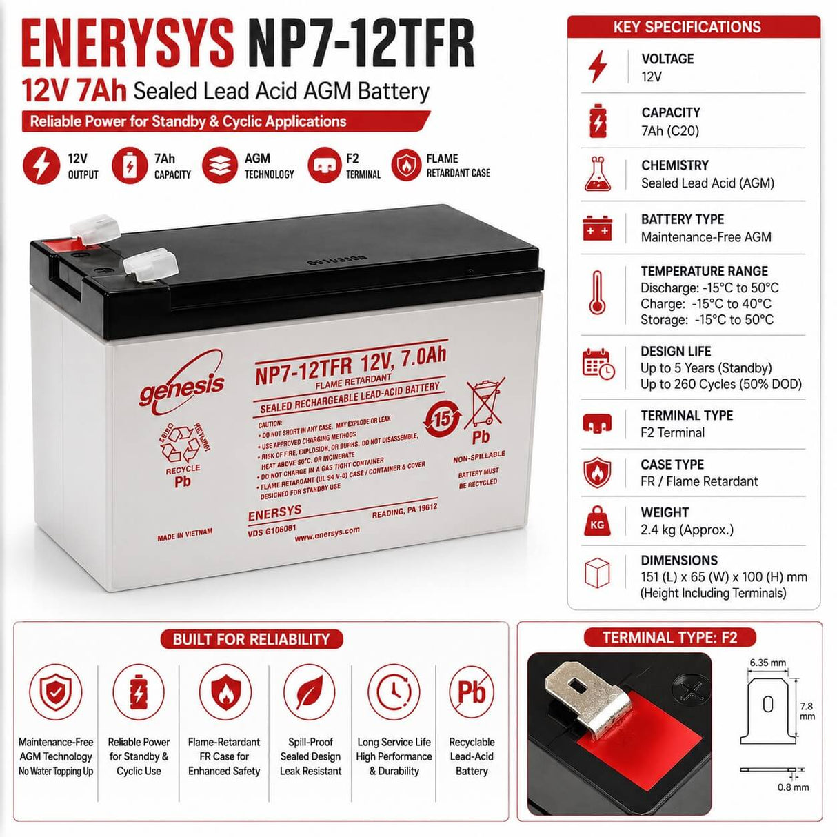 EnerSys NP7-12TFR 12V 7Ah AGM Battery with F2 Terminal Sealed Lead Acid (Special) Enersys