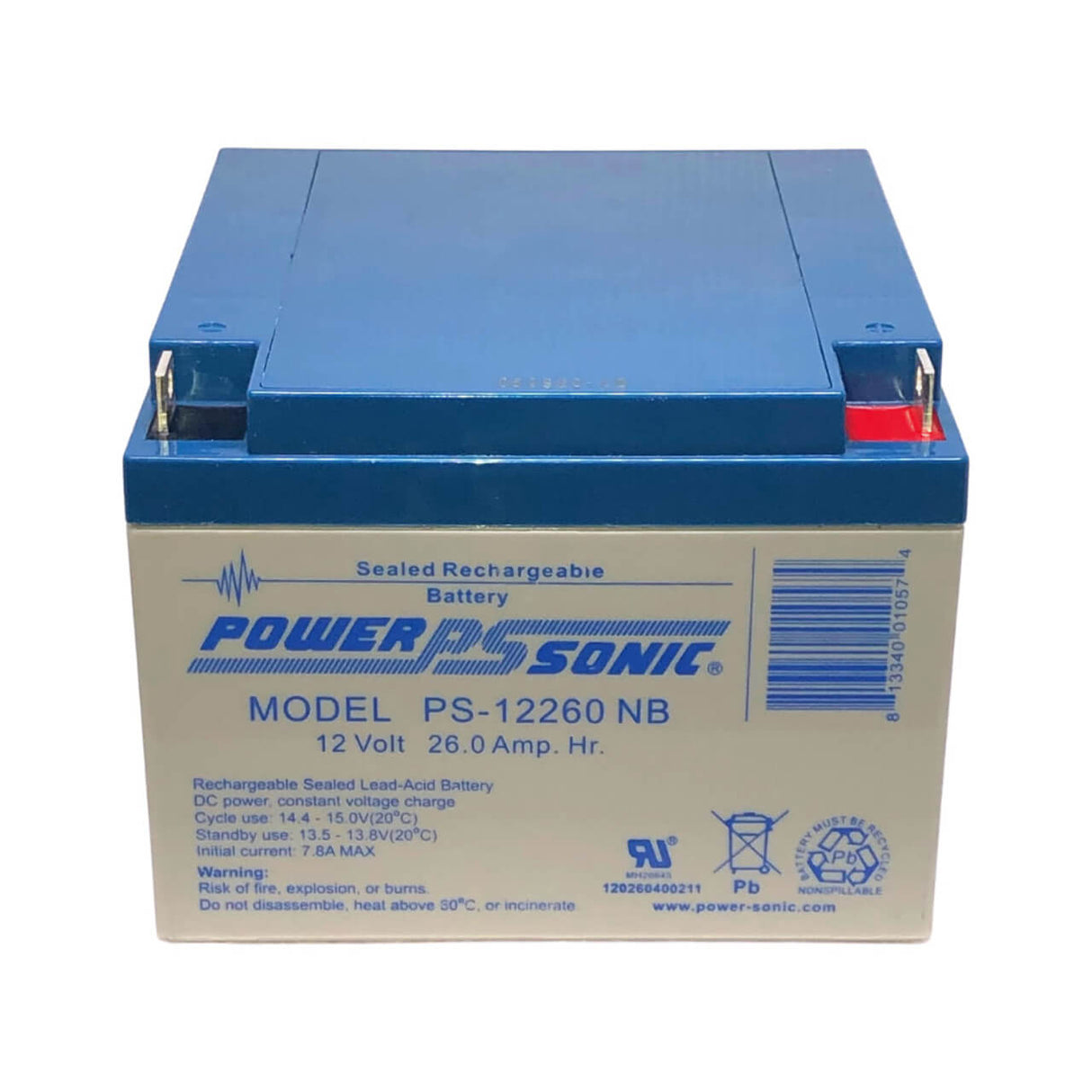 Power-Sonic PS-12260 NB 12V 26Ah AGM Battery Nut & Bolt Terminal Sealed Lead Acid (Special) Power-Sonic