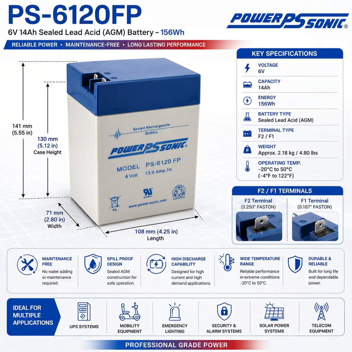 6V, 14Ah, replacement battery for Magnavolt Sla6-12.5t with F2 / F1 terminals Sealed Lead Acid (Special) CB Generic