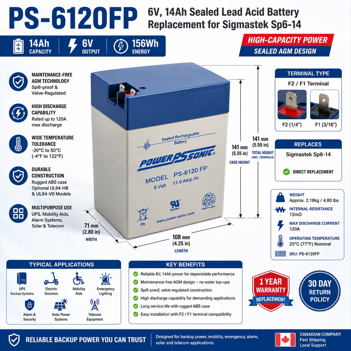 Batterie de remplacement 6V, 14Ah pour Sigmastek Sp6-14 avec bornes F2 / F1