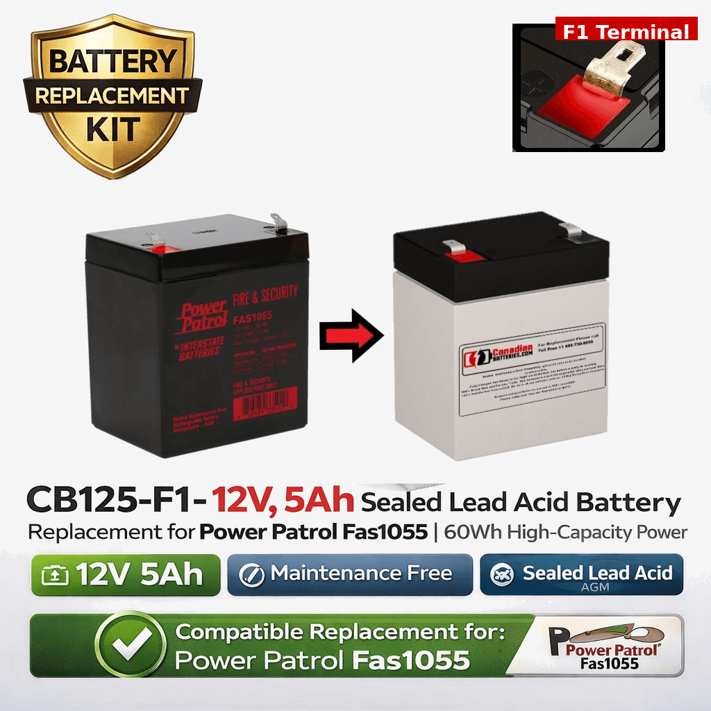 12V, 5Ah, replacement battery for Power Patrol Fas1055 with F1 terminals Sealed Lead Acid CB Generic