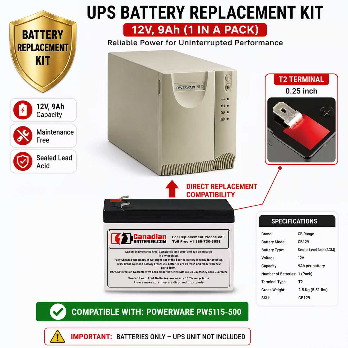 Powerware PW5115-500 UPS Battery Replacement 12V 9Ah AGM UPS Batteries CB Range