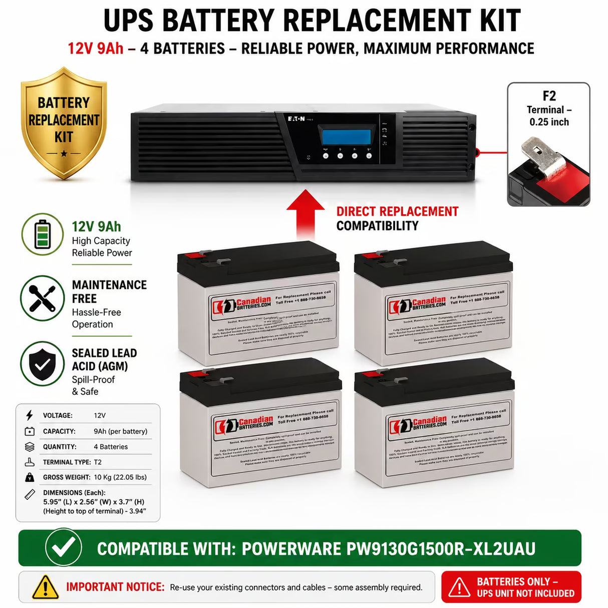 Batteries For Powerware Pw9130g1500r-xl2uau UPS, 4 X 12v, 9ah - 108wh UPS Batteries CB Range
