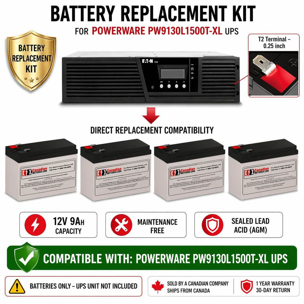 Batteries For Powerware Pw9130l1500t-xl UPS, 4 X 12v, 9ah - 108wh UPS Batteries CB Range